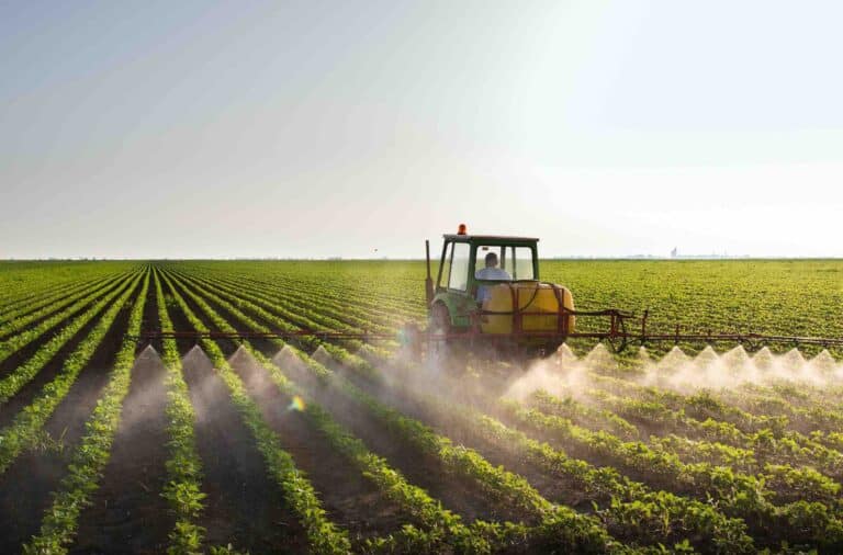 Tractor spraying soybean field